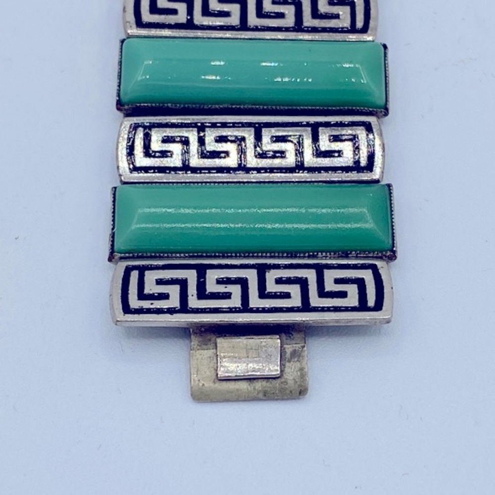 Vintage Art Deco Geometric Shape Silver And Green Glass Stones Linked Bracelet - Picture 4 of 7